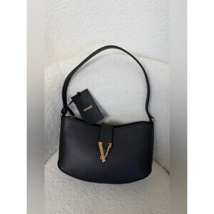 Versace Black virtus Pebbled Leather Shoulder Bag with Gold new